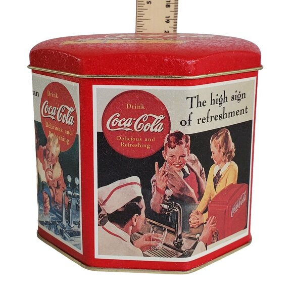 Vintage Coca-Cola Octagon Tin Classic 1950s Artwork 5.5" Collectible Storage - Picture 3 of 4